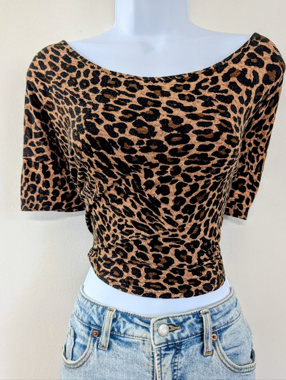 Leopard Print Boatneck Crop Top - Brown/Black